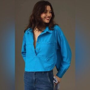 Anthropologie Pilcro Placket Back-Slit Button-down Cropped Popover Shirt Size XL